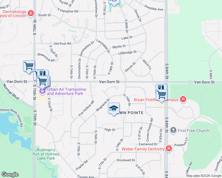map of restaurants, bars, coffee shops, grocery stores, and more near 7845 Stonewall Court in Lincoln
