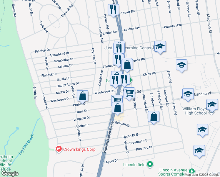 map of restaurants, bars, coffee shops, grocery stores, and more near 2 Windus Road in Shirley