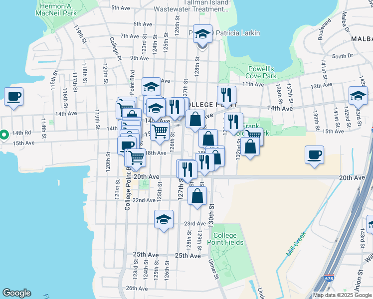 map of restaurants, bars, coffee shops, grocery stores, and more near 15-40A 128th Street in Queens