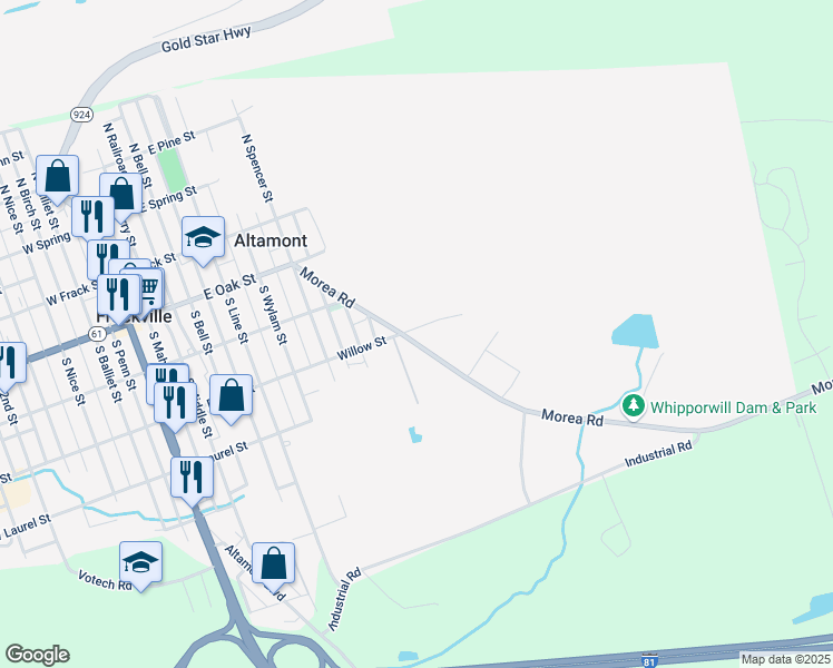 map of restaurants, bars, coffee shops, grocery stores, and more near 105 Morea Road in Frackville