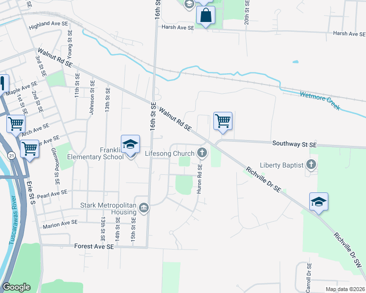 map of restaurants, bars, coffee shops, grocery stores, and more near 1719 Mohican Avenue Southeast in Massillon