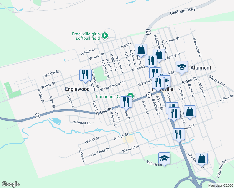 map of restaurants, bars, coffee shops, grocery stores, and more near 2 South 2nd Street in Frackville