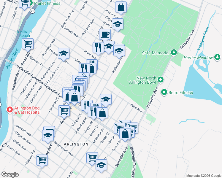 map of restaurants, bars, coffee shops, grocery stores, and more near 18 Park Avenue in North Arlington