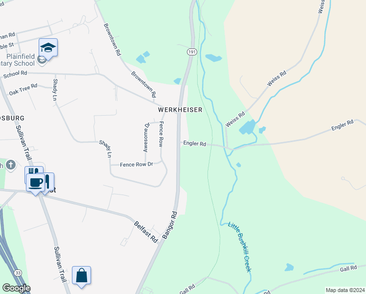 map of restaurants, bars, coffee shops, grocery stores, and more near 798 Bangor Road in Nazareth