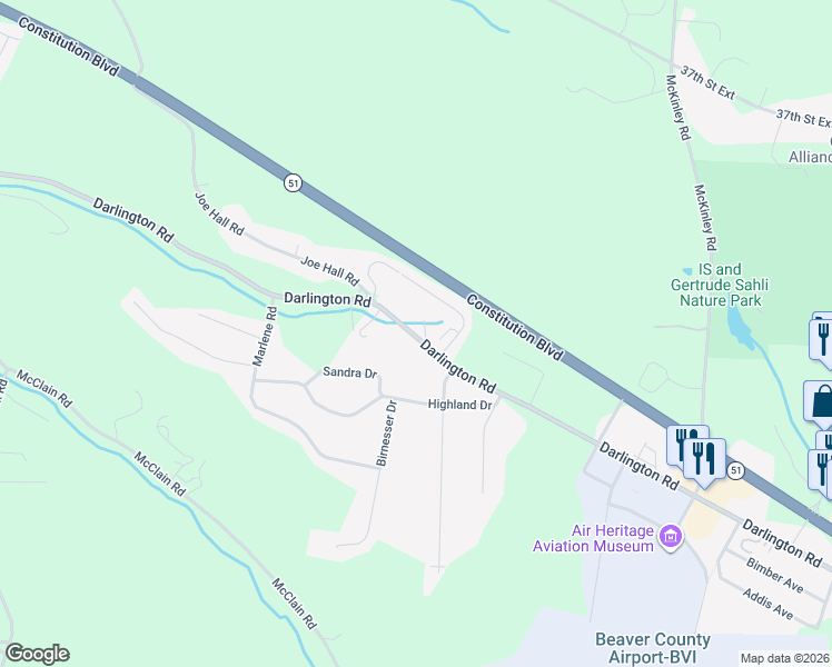 map of restaurants, bars, coffee shops, grocery stores, and more near 2918 Darlington Road in Beaver Falls