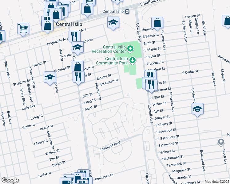 map of restaurants, bars, coffee shops, grocery stores, and more near 475 Irving Street in Central Islip