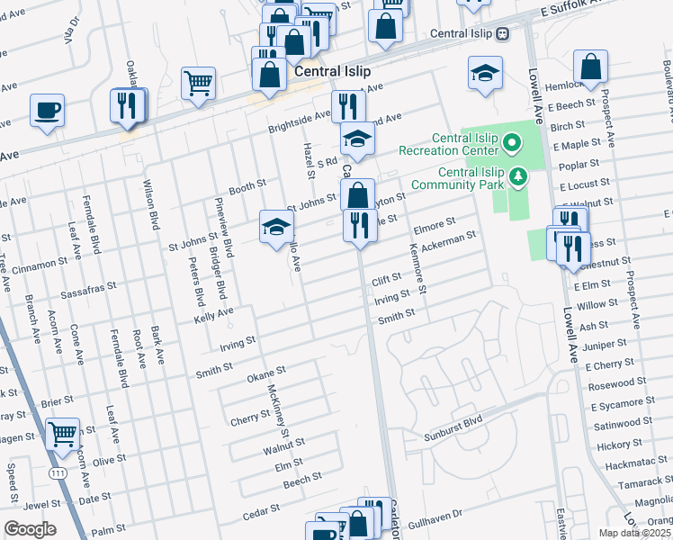 map of restaurants, bars, coffee shops, grocery stores, and more near 265 Ackerman Street in Central Islip