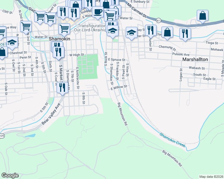 map of restaurants, bars, coffee shops, grocery stores, and more near 401 South Shamokin Street in Shamokin