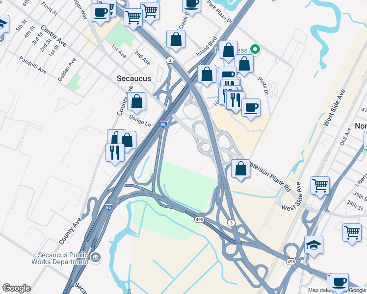 map of restaurants, bars, coffee shops, grocery stores, and more near 5th Street in Secaucus