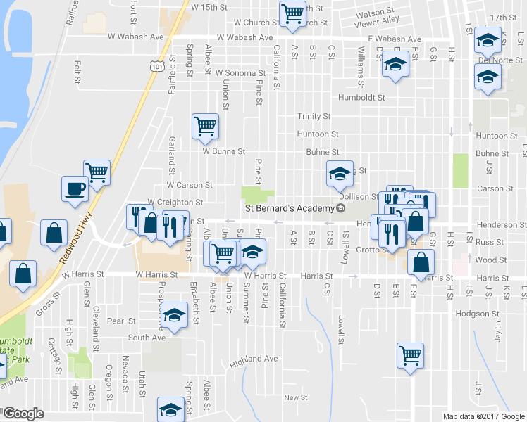 map of restaurants, bars, coffee shops, grocery stores, and more near 2715 Pine Street in Eureka