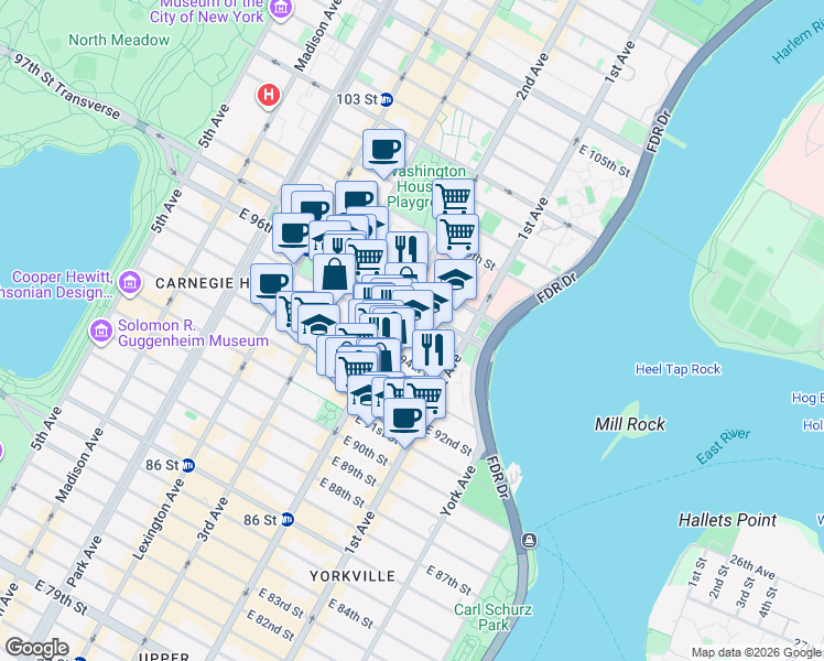 map of restaurants, bars, coffee shops, grocery stores, and more near 309 East 95th Street in New York