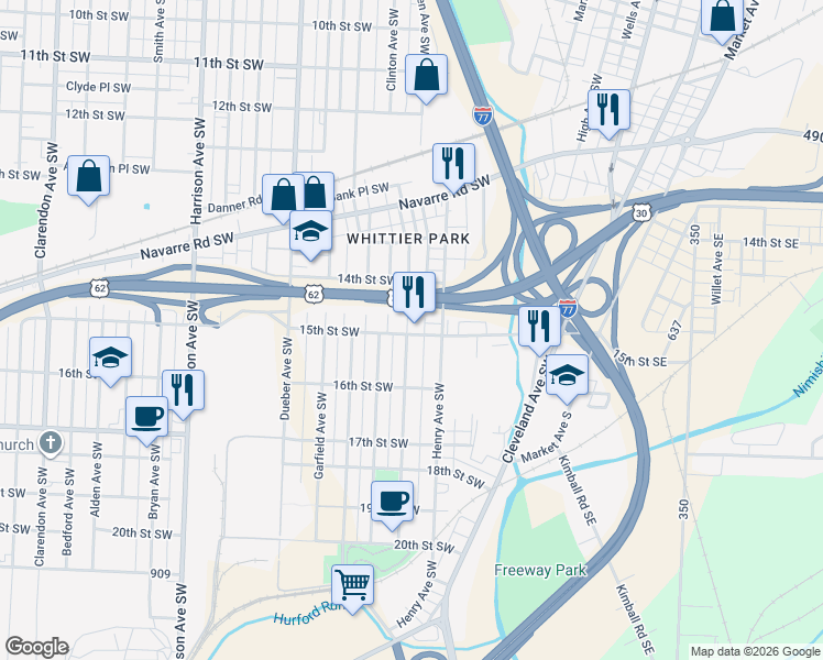 map of restaurants, bars, coffee shops, grocery stores, and more near 1425 15th Street Southwest in Canton
