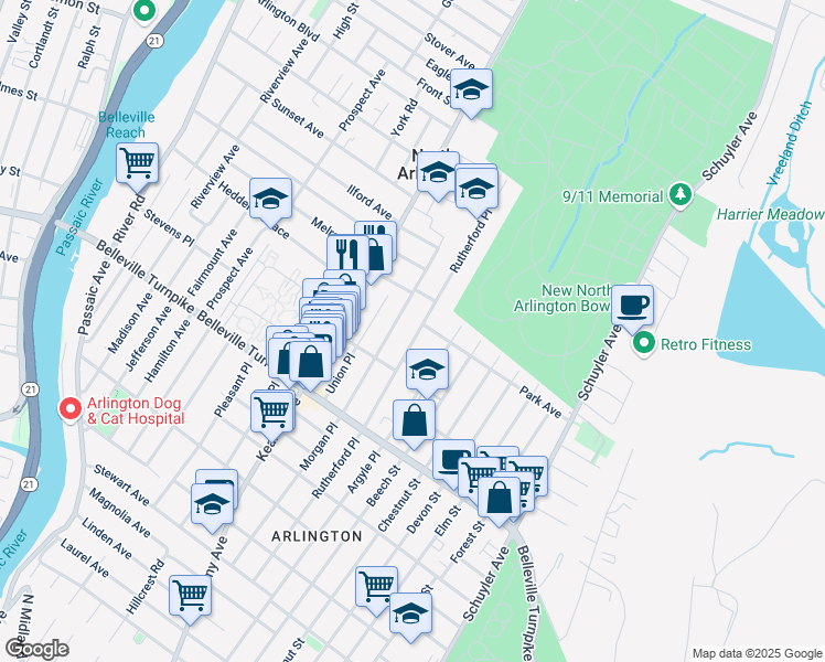 map of restaurants, bars, coffee shops, grocery stores, and more near 89 Rutherford Place in North Arlington