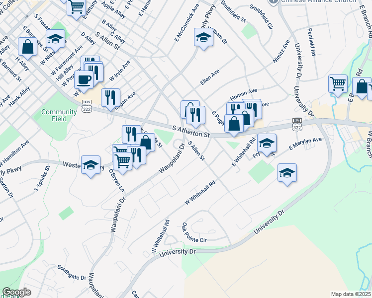map of restaurants, bars, coffee shops, grocery stores, and more near 1300 South Allen Street in State College