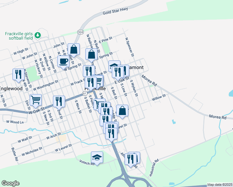 map of restaurants, bars, coffee shops, grocery stores, and more near 140 South Broad Mountain Avenue in Frackville