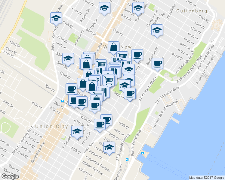 map of restaurants, bars, coffee shops, grocery stores, and more near 234 54th Street in West New York