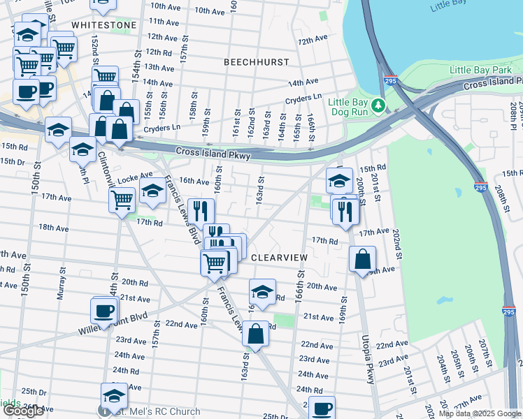 map of restaurants, bars, coffee shops, grocery stores, and more near 16-33 163rd Street in Queens
