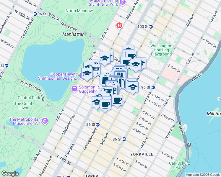 map of restaurants, bars, coffee shops, grocery stores, and more near 118 East 92nd Street in New York