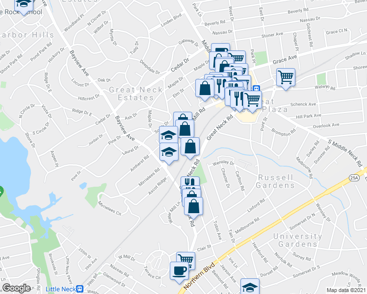 map of restaurants, bars, coffee shops, grocery stores, and more near 98 Cuttermill Road in Great Neck