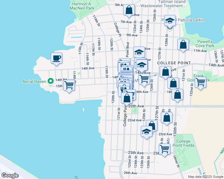 map of restaurants, bars, coffee shops, grocery stores, and more near 15-20 120th Street in Queens