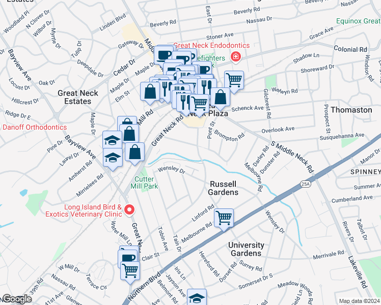 map of restaurants, bars, coffee shops, grocery stores, and more near 38 Knightsbridge Road in Great Neck