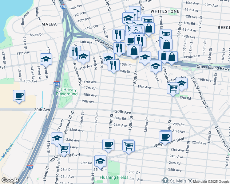 map of restaurants, bars, coffee shops, grocery stores, and more near 1729 149th Street in Queens