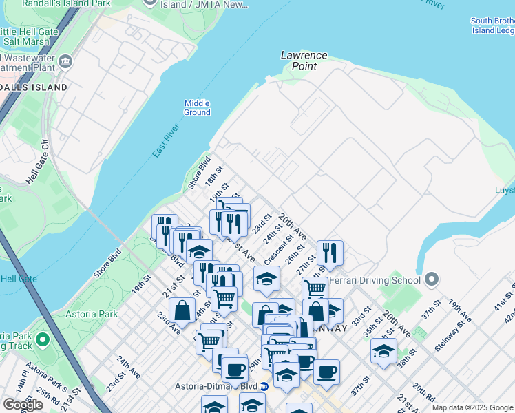 map of restaurants, bars, coffee shops, grocery stores, and more near 20-11 21st Street in Queens