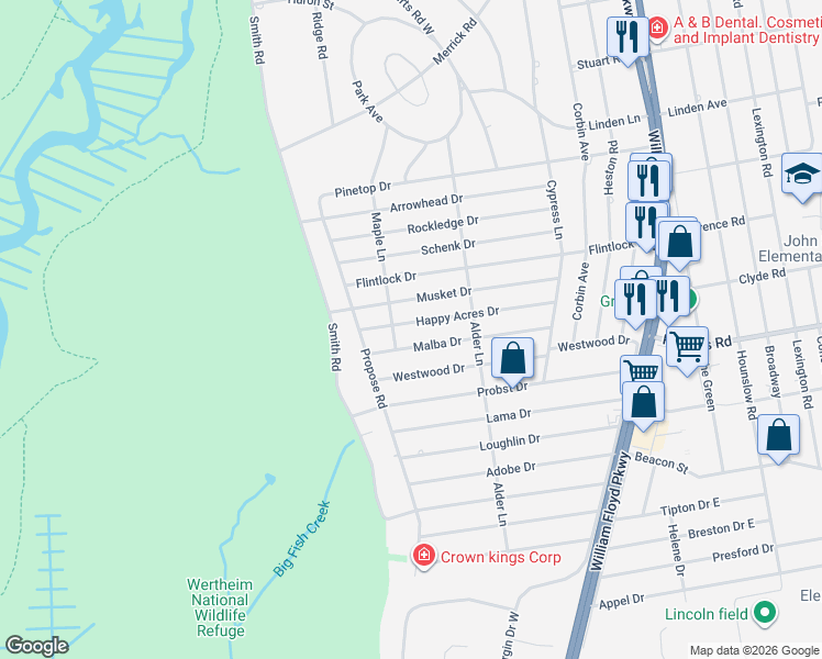 map of restaurants, bars, coffee shops, grocery stores, and more near 14 Happy Acres Drive in Shirley