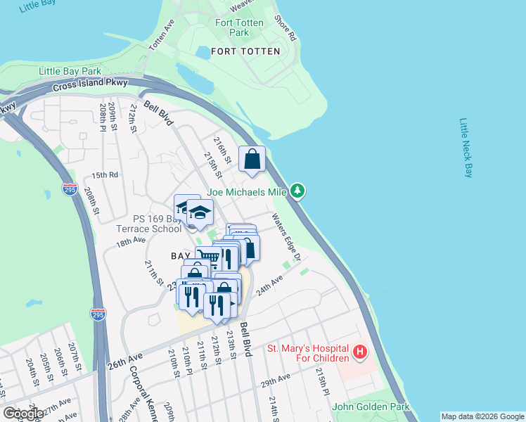 map of restaurants, bars, coffee shops, grocery stores, and more near 21535 23rd Avenue in Queens
