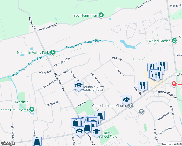 map of restaurants, bars, coffee shops, grocery stores, and more near 15 Emery Avenue in Mendham