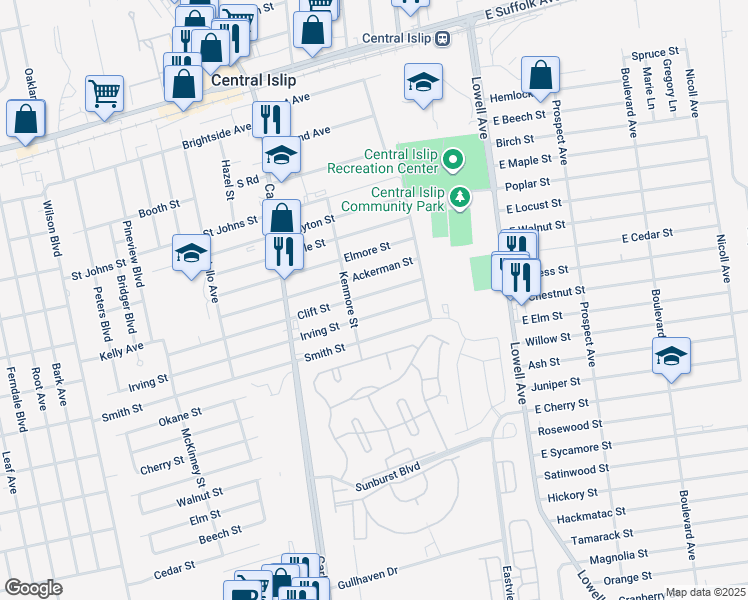 map of restaurants, bars, coffee shops, grocery stores, and more near 430 Clift Street in Central Islip