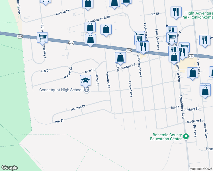 map of restaurants, bars, coffee shops, grocery stores, and more near 81 Kenwood Drive in Bohemia
