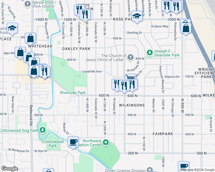 map of restaurants, bars, coffee shops, grocery stores, and more near 641 North 1300 West in Salt Lake City