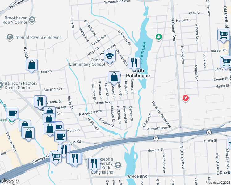 map of restaurants, bars, coffee shops, grocery stores, and more near 54 Rowland Street in Patchogue