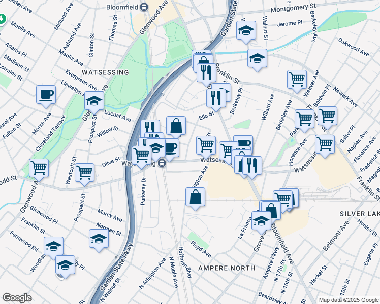 map of restaurants, bars, coffee shops, grocery stores, and more near 15 Ella Street in Bloomfield