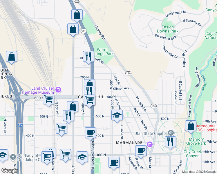 map of restaurants, bars, coffee shops, grocery stores, and more near 649 North 200 West in Salt Lake City