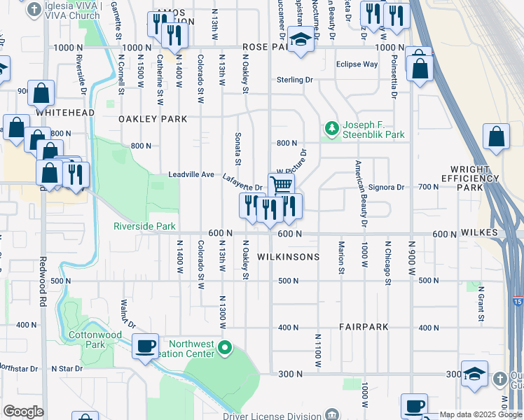map of restaurants, bars, coffee shops, grocery stores, and more near 635 North 1200 West in Salt Lake City