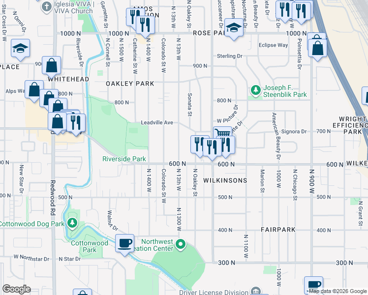 map of restaurants, bars, coffee shops, grocery stores, and more near 641 North 1300 West in Salt Lake City