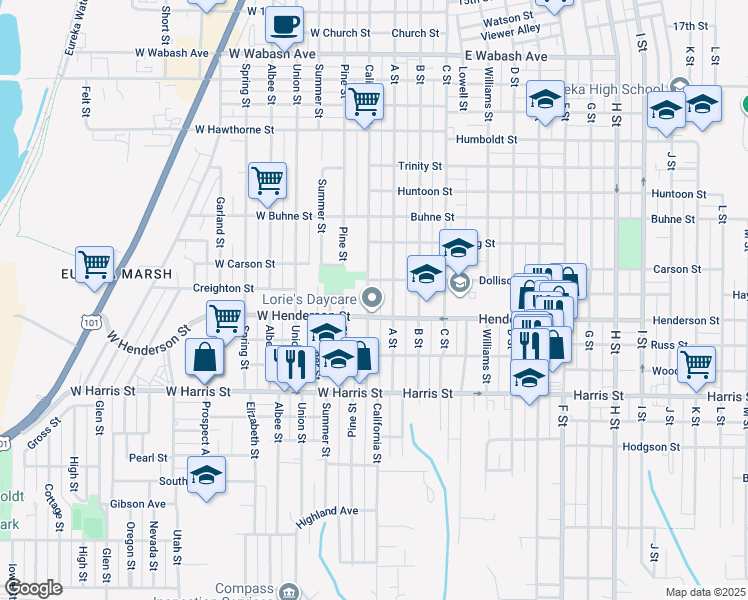 map of restaurants, bars, coffee shops, grocery stores, and more near 2729 California Street in Eureka