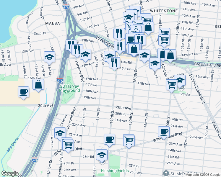 map of restaurants, bars, coffee shops, grocery stores, and more near 147-18 17th Road in Queens