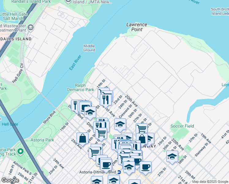 map of restaurants, bars, coffee shops, grocery stores, and more near 20-11 21st Street in Queens