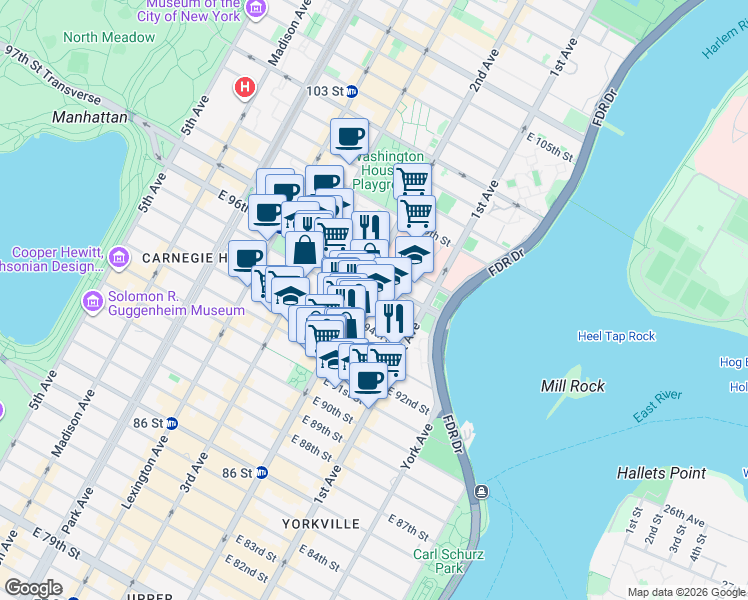map of restaurants, bars, coffee shops, grocery stores, and more near 1849 2nd Avenue in New York