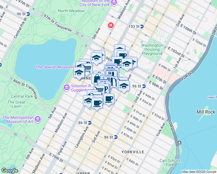 map of restaurants, bars, coffee shops, grocery stores, and more near 137 East 92nd Street in New York