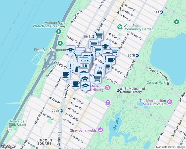 map of restaurants, bars, coffee shops, grocery stores, and more near 163 West 80th Street in New York