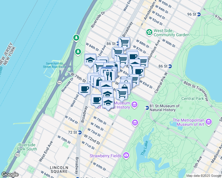 map of restaurants, bars, coffee shops, grocery stores, and more near 163 West 80th Street in New York