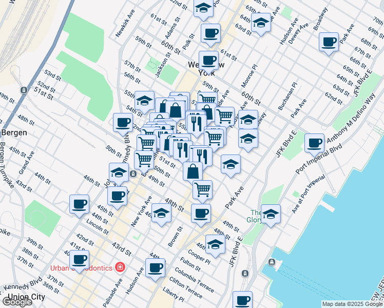 map of restaurants, bars, coffee shops, grocery stores, and more near in West New York