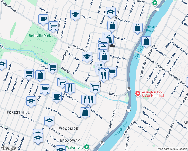 map of restaurants, bars, coffee shops, grocery stores, and more near 34 Van Rensselear Street in Belleville