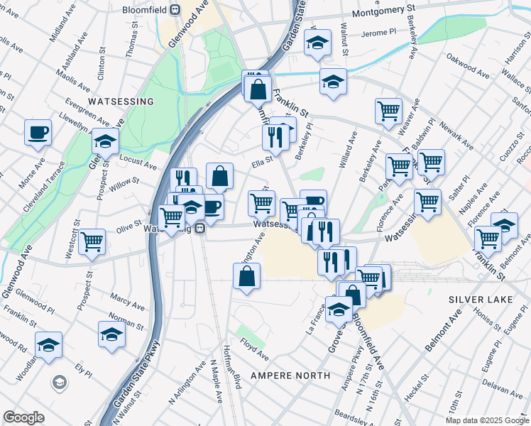 map of restaurants, bars, coffee shops, grocery stores, and more near 17 Grace Street in Bloomfield