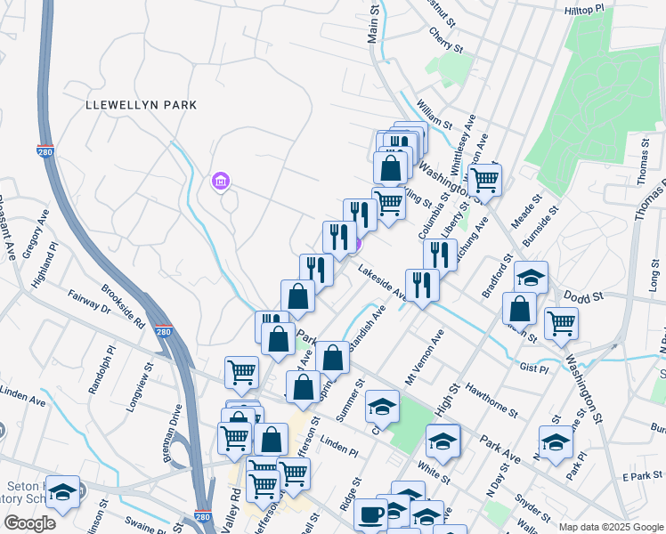 map of restaurants, bars, coffee shops, grocery stores, and more near 176 Main Street in West Orange