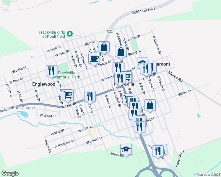 map of restaurants, bars, coffee shops, grocery stores, and more near 53 South Balliet Street in Frackville
